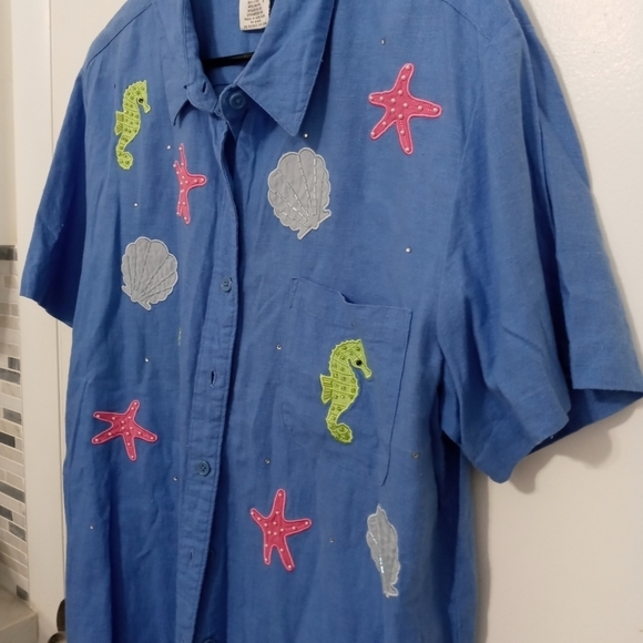 Quacker Factory Button down embroidered ocean theme casual shirt - Picture 2 of 8